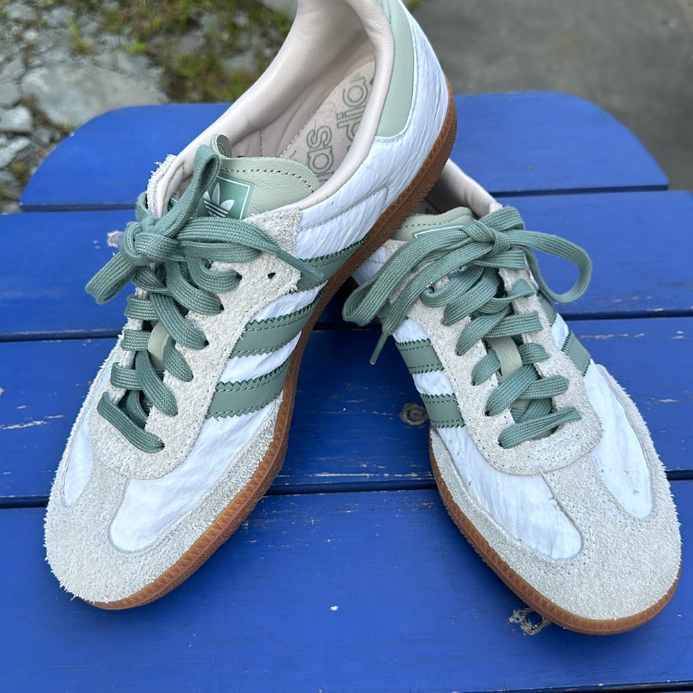 Women’s Adidas Sambas- Sage green stripe w white nylon upper